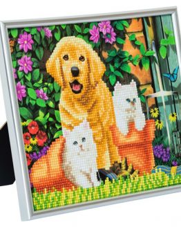Diamond Painting Crystal Card Kit Cat and Dog Friends 21 x 25 cm Partial zilveren lijst 2