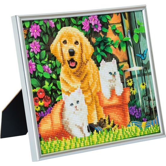 Diamond Painting Crystal Card Kit Cat and Dog Friends 21 x 25 cm Partial zilveren lijst 2