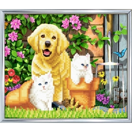 Diamond Painting Crystal Card Kit Cat and Dog Friends 21 x 25 cm Partial zilveren lijst