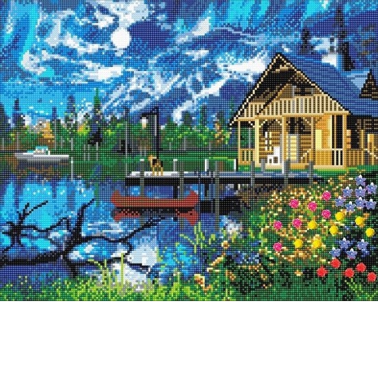 Diamond Painting Moonlit Lake Cabin 40 x 50 full