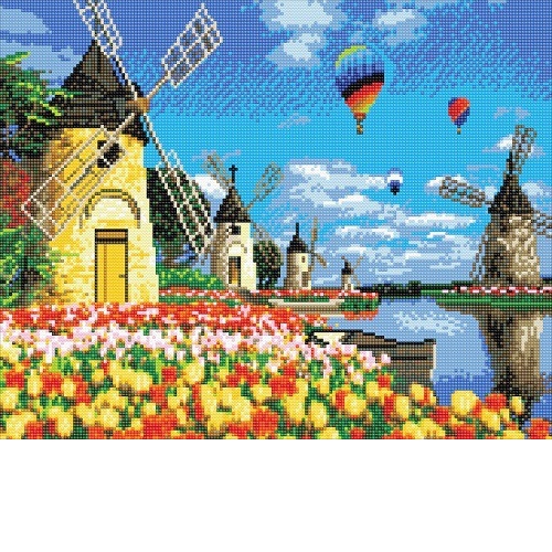Diamond Painting Windmills and Tulips 50 x 40 Full Painting 1